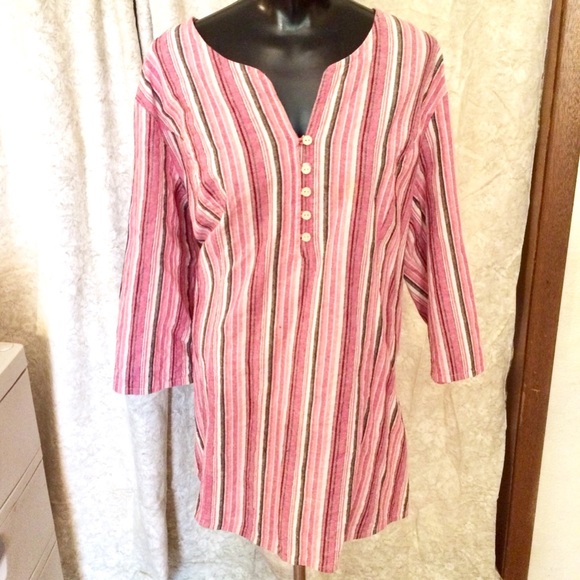 Roaman's Tops - Roman’s boho pink stripe cotton long sleeve tunic